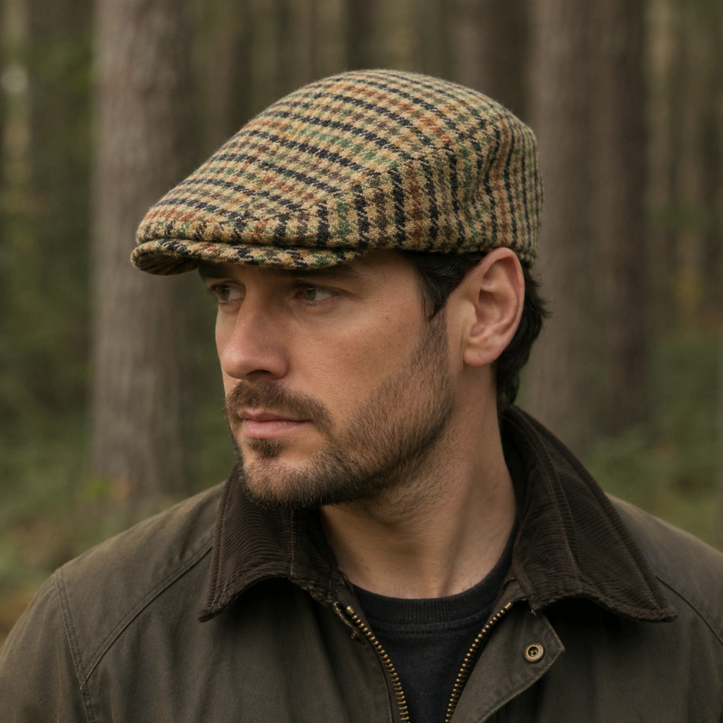 Wool Flat Cap – Classic Houndstooth Plaid Adjustable Size Unisex Hat