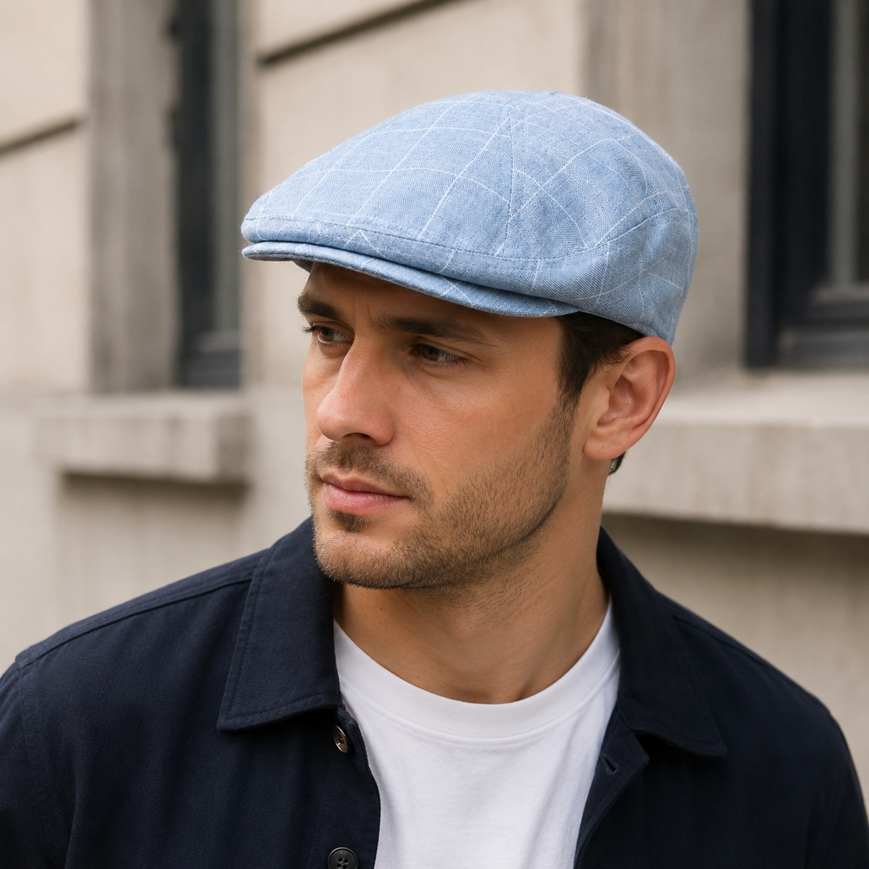 Blue Cotton Flat Cap - Classic British Plaid Hat with Comfortable Sweatband