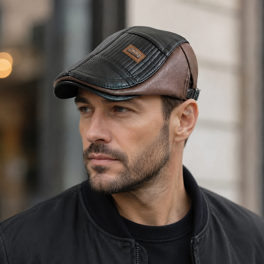 Patchwork Leather Cap – Adjustable Vegan Flat Cap for Stylish Winter Wear
