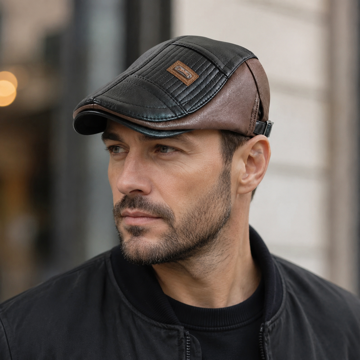 Patchwork Leather Cap – Adjustable Vegan Flat Cap for Stylish Winter Wear