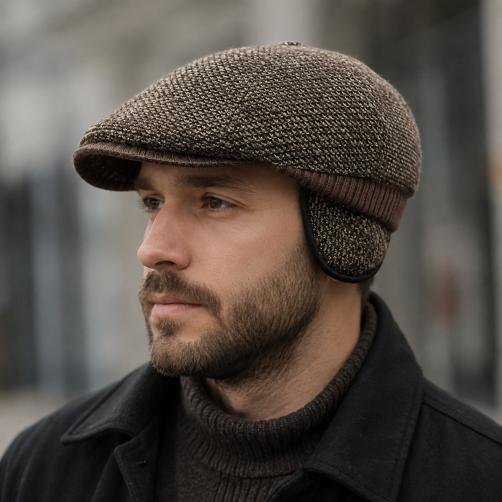 Flecked Earflap Flat Cap – Adjustable Tweed Winter Hat With Folding Earflaps