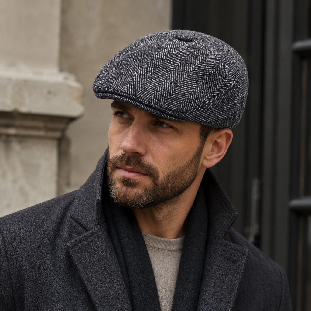 Wool Flat Cap – Classic Herringbone Earflap Hat With Folding Earflaps For Winter