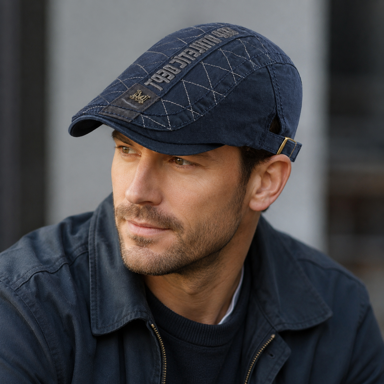 Retro Flat Cap - Adjustable Cotton Hat with Rhombus Pattern & Embroidered Logo