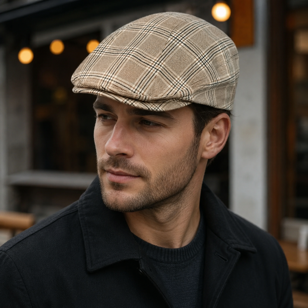 Linen Flat Cap – Beige Tartan Plaid Hat With Adjustable Size For Men
