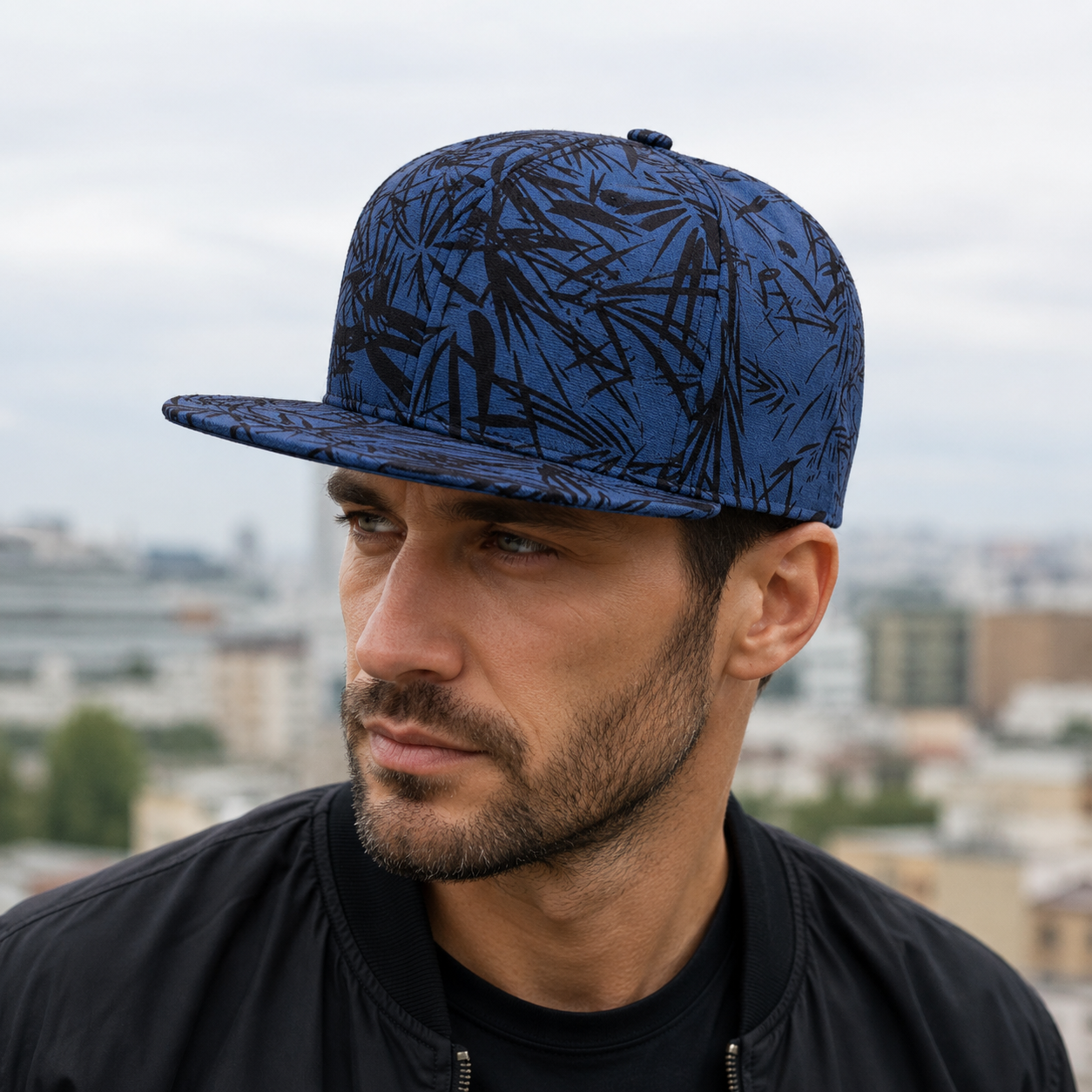 Blue Snapback Cap – Adjustable Acrylic Baseball Hat With Bamboo Leaves Pattern