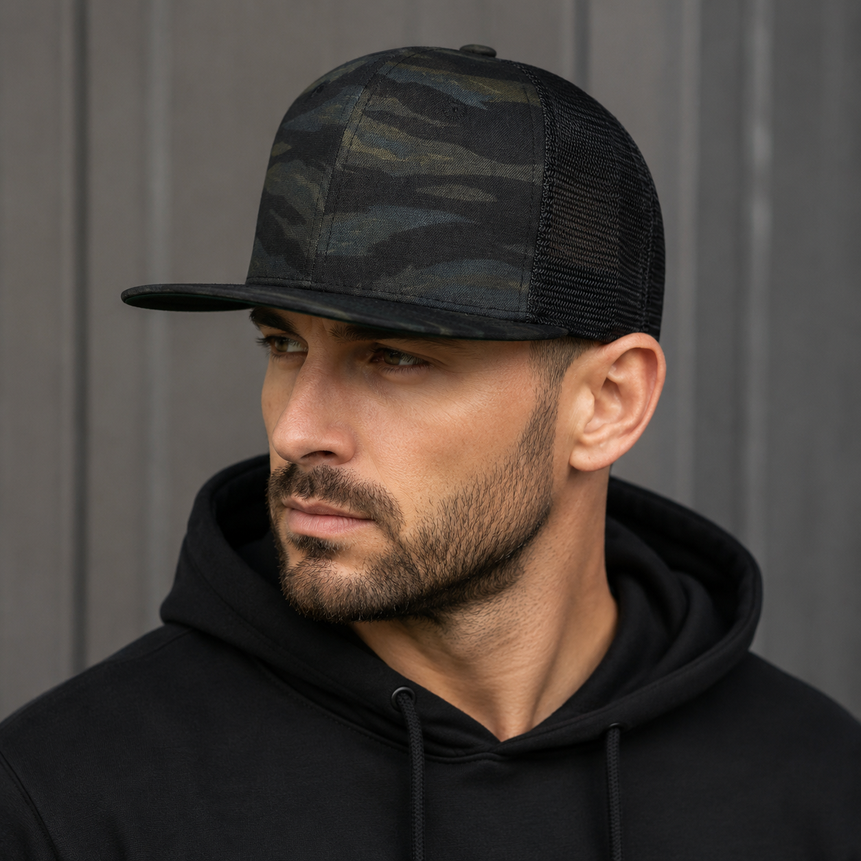 Black Camouflage Snapback - Adjustable Acrylic Trucker Hat With Breathable Fit