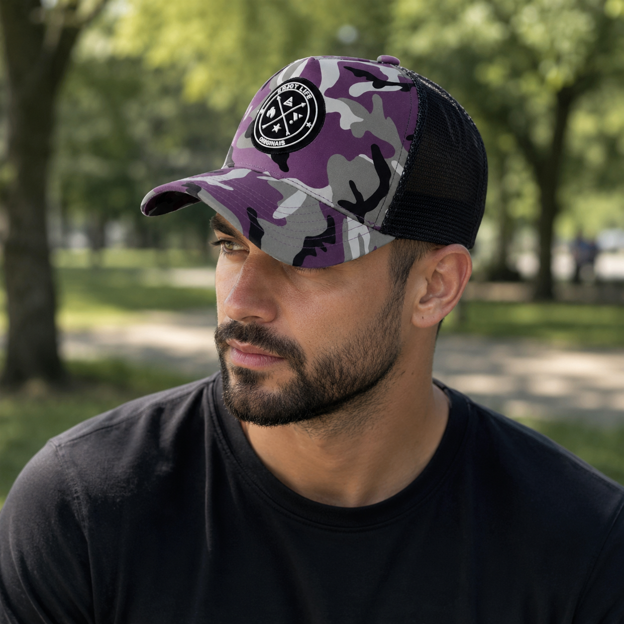 Camouflage Trucker Cap – Adjustable Mesh Hat with Embroidered Logo for Basketball Fans