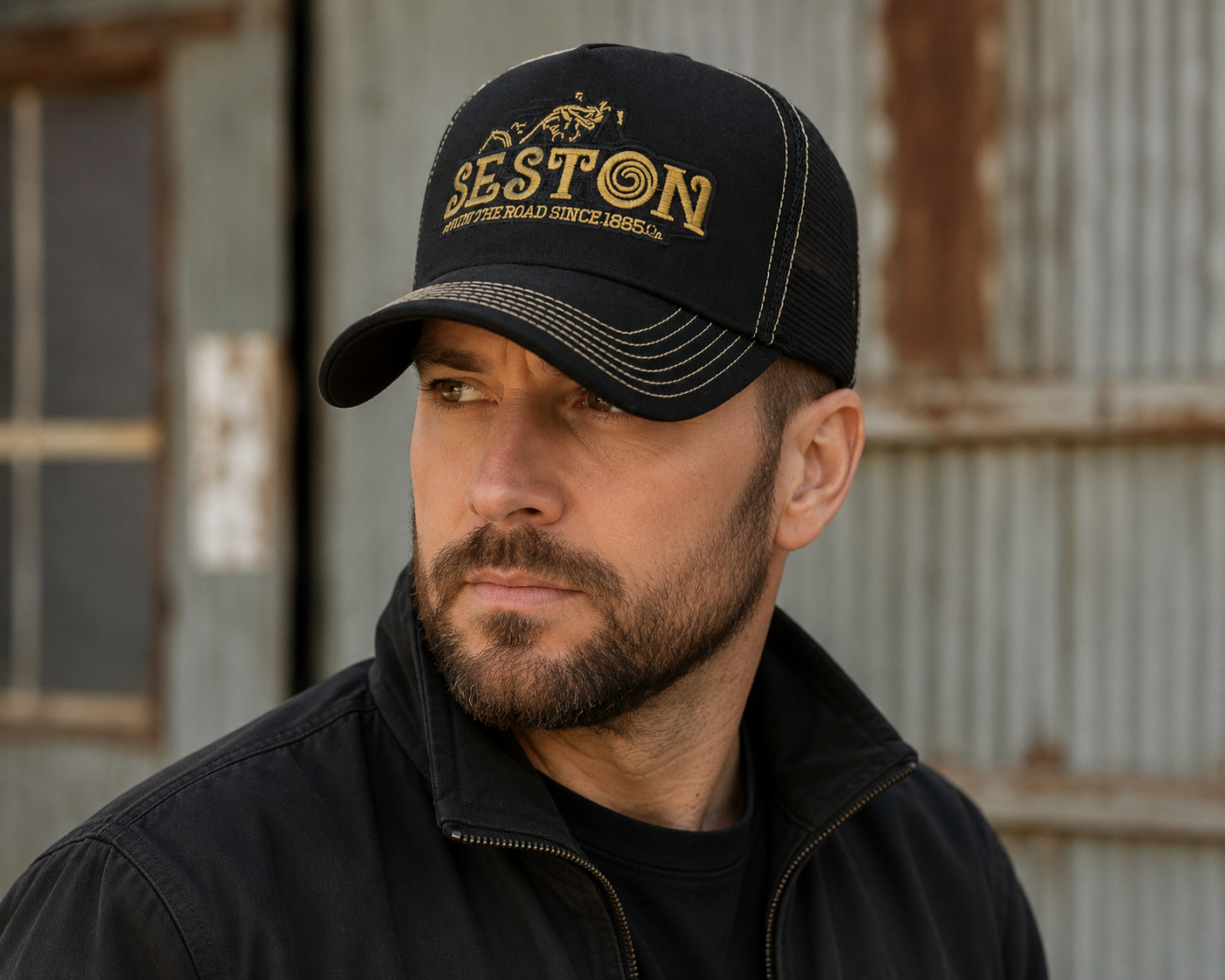 Golden Logo Trucker Cap – Adjustable Organic Cotton Hat With Breathable Mesh