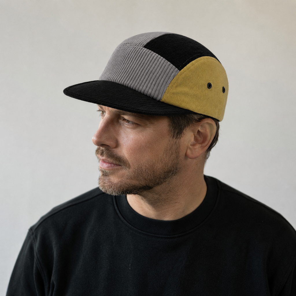 Kordsamt 5-Panel Cap – Verstellbare Mütze aus Bio-Baumwolle mit flachem Schirm und Patchwork