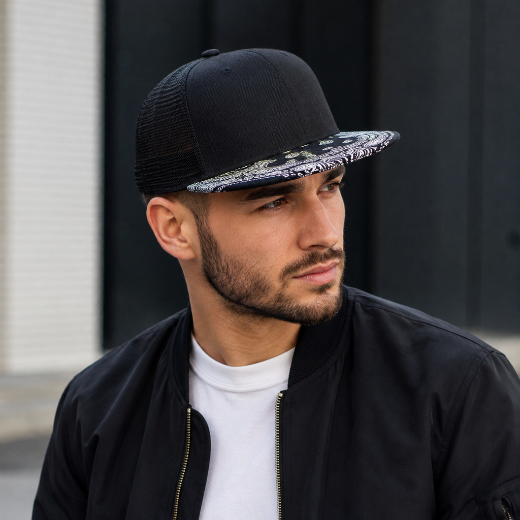 Black Mesh Snapback – Adjustable Baseball Cap with Cashew Flowers Visor Design