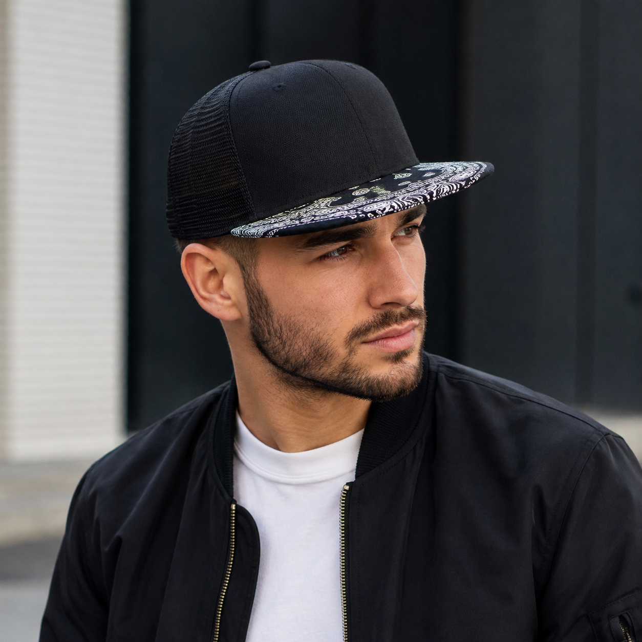 Black Mesh Snapback – Adjustable Baseball Cap with Cashew Flowers Visor Design