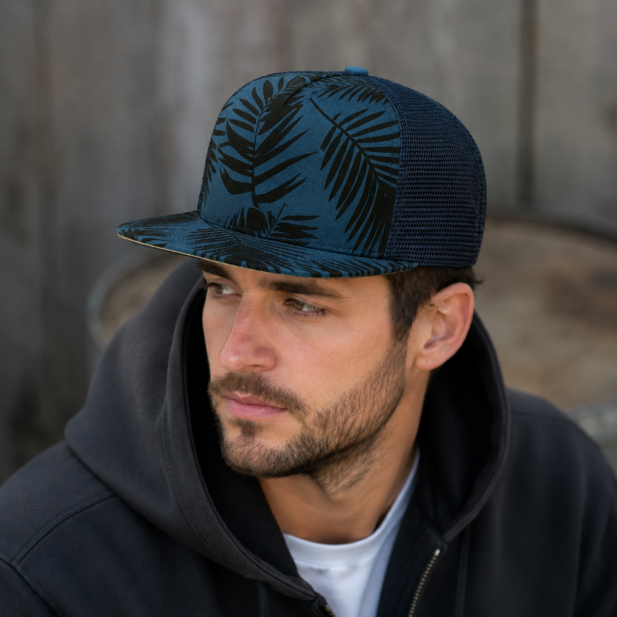 Blue Mesh Snapback - Adjustable Breathable Cap with Palm Leaves Design