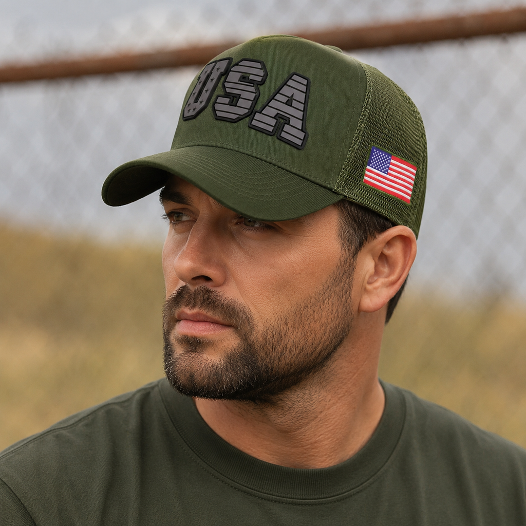USA Flag Trucker Cap – Embroidered Organic Cotton Adjustable Mesh Hat