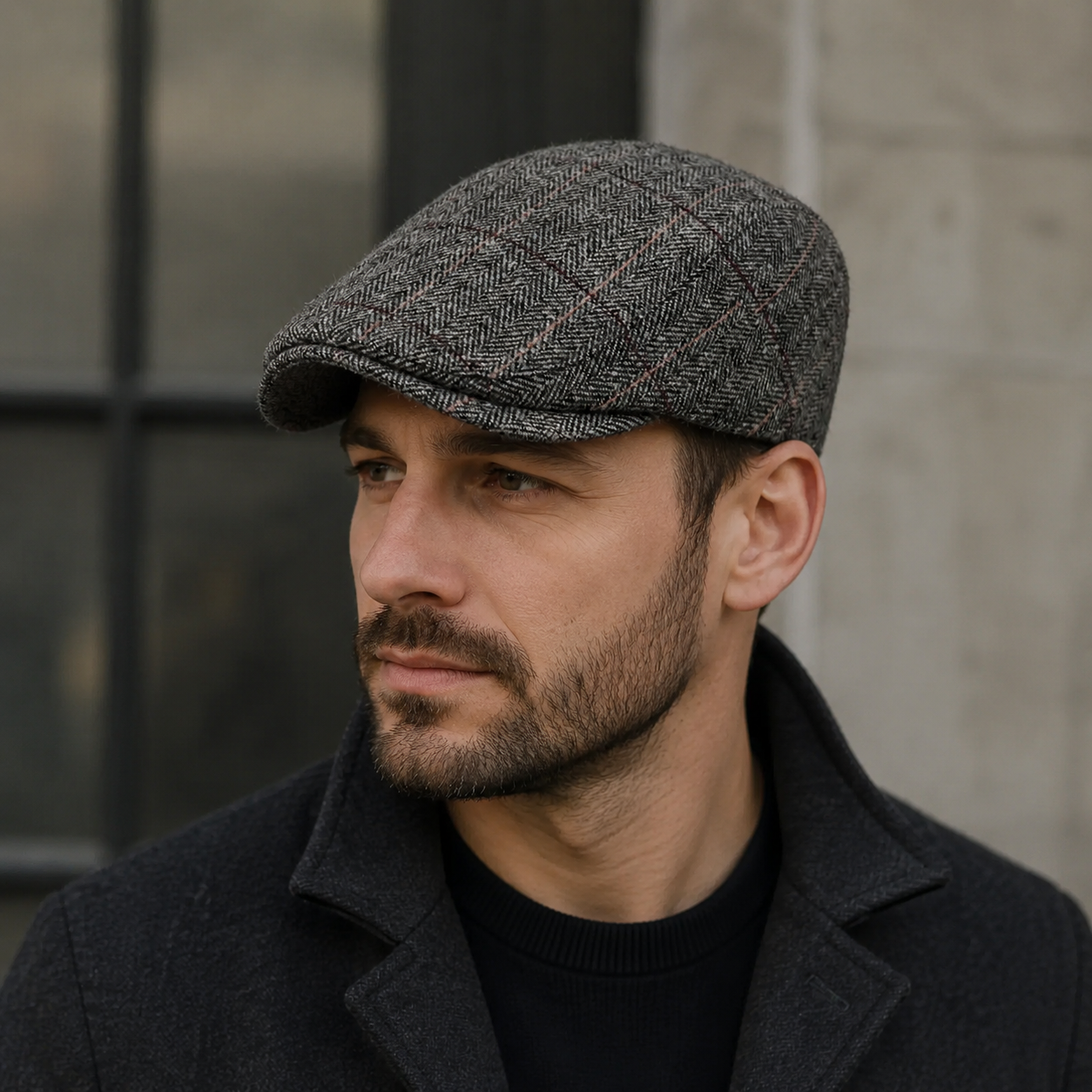 Wool Flat Cap – Adjustable Plaid Herringbone Pattern Winter Hat by Hatloom