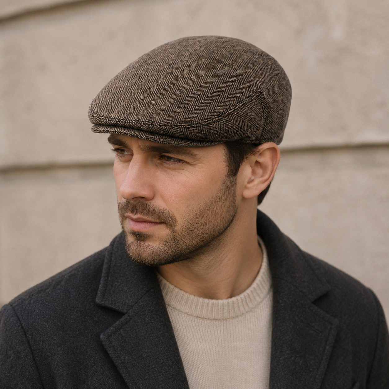 Wool Flat Cap – Classic Herringbone Pattern Unisex Winter Hat Sizes 57-63cm