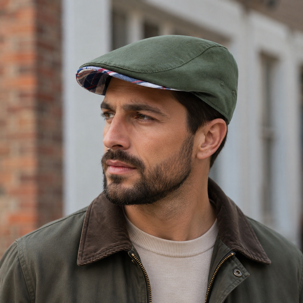 Linen Flat Cap – Lightweight Summer Hat With Cotton Sweatband & Tartan Visor