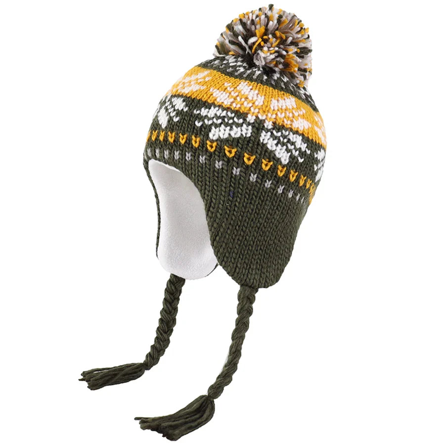 Christmas Kids Winter Earflaps Pom Pom Beanie