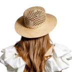 Natural raffia sun boater hat – handwoven raffia hat top view