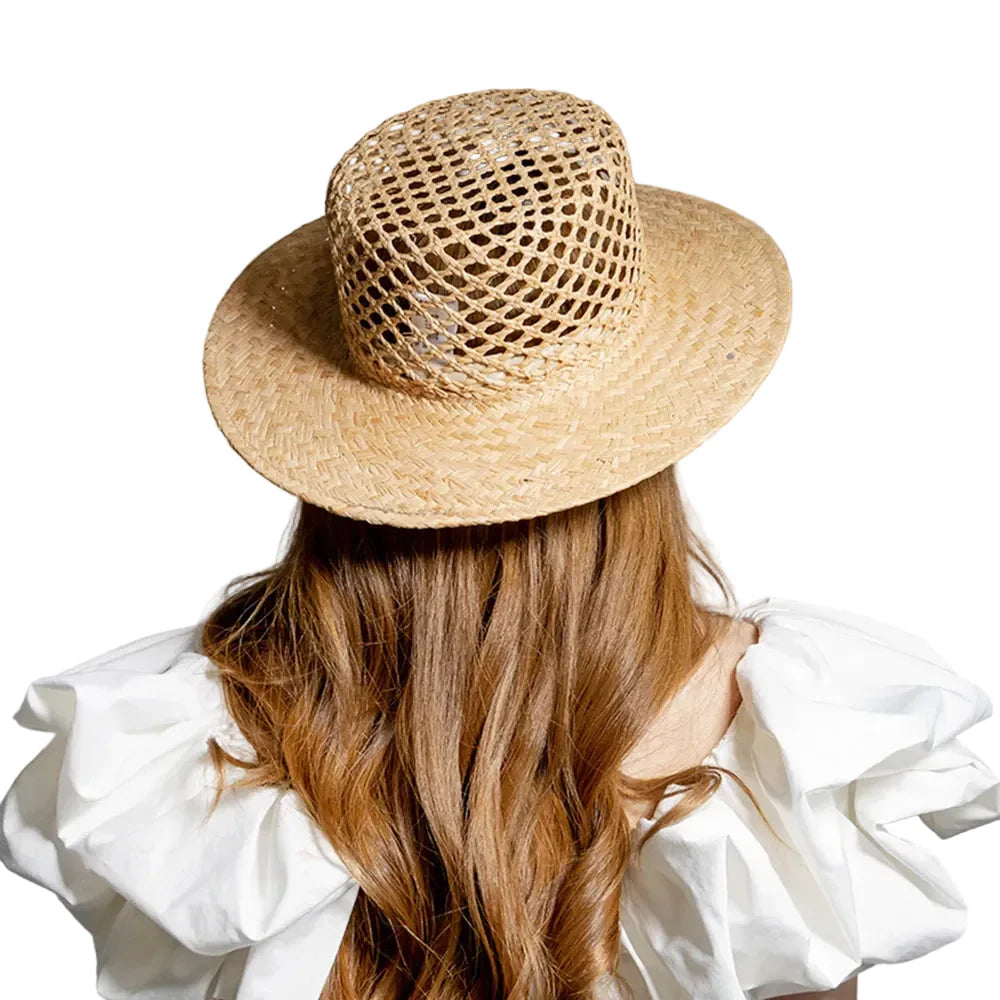 Natural raffia sun boater hat – handwoven raffia hat top view