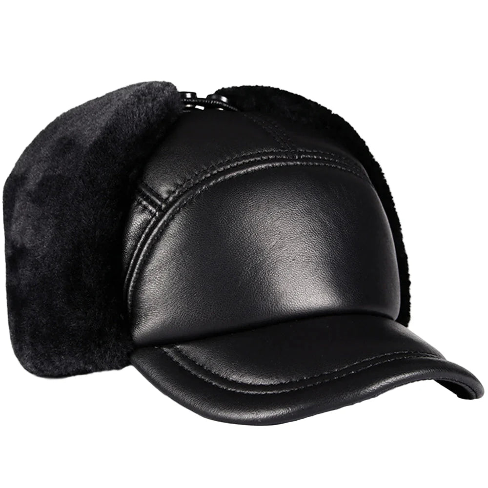 Davison Black Genuine Leather Trapper Bomber Hat