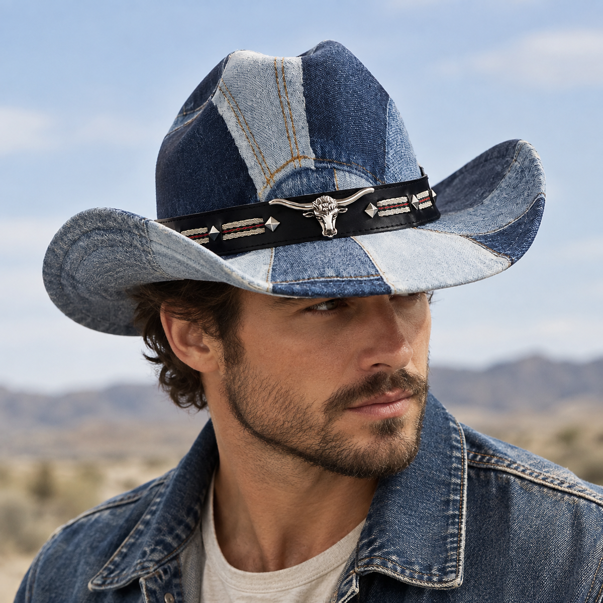 Denim Cowboy Hat – Adjustable Patchwork Cotton Western Style 