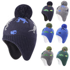 Dinosaurs Kids Winter Earflaps Pom Pom Beanie