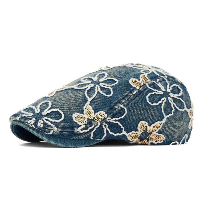 Dream of Spring Floral Denim Flat Cap