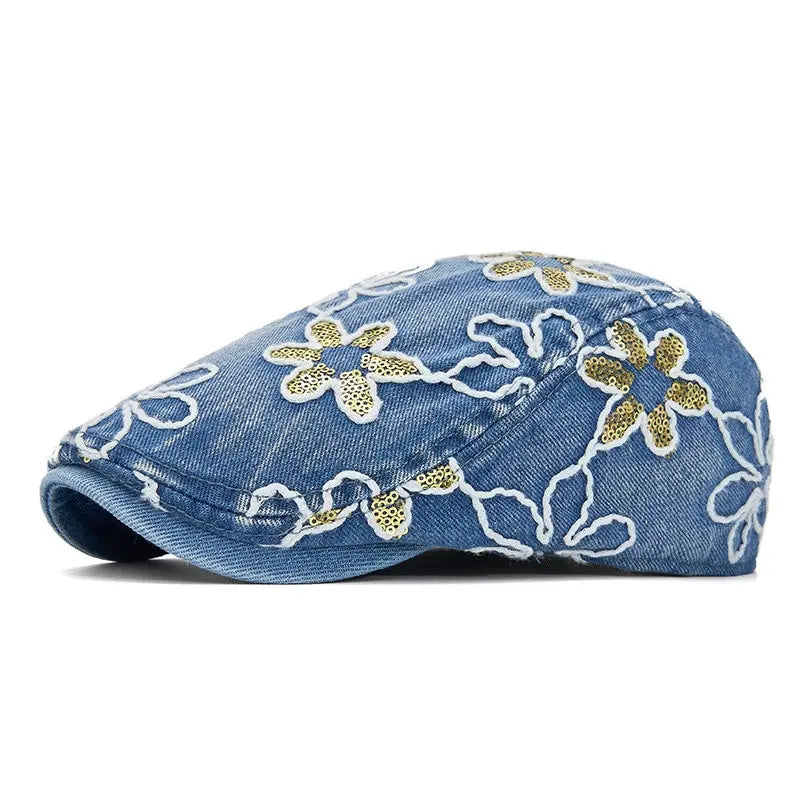 Dream of Spring Floral Denim Flat Cap