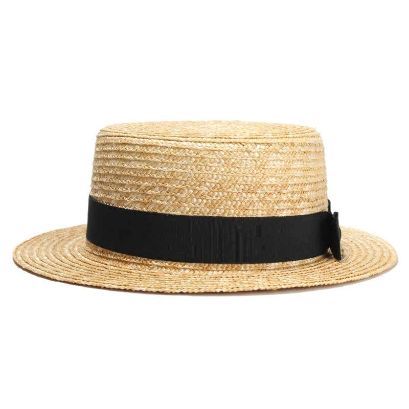 Beige with black Straw Boater Hat with ribbon