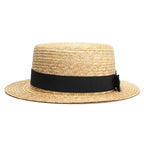 Beige with black Straw Boater Hat with ribbon