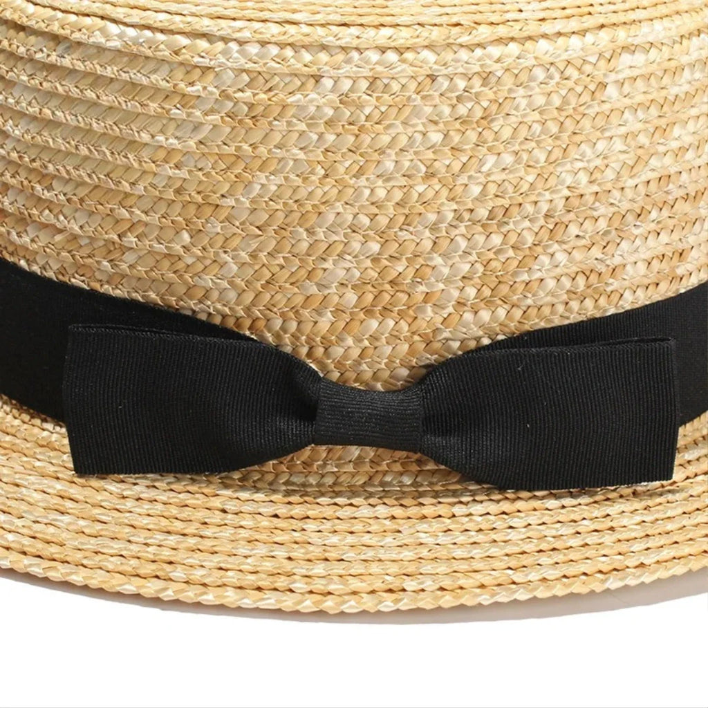 Beige with black Straw Boater Hat with ribbon