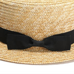 Beige with black Straw Boater Hat with ribbon