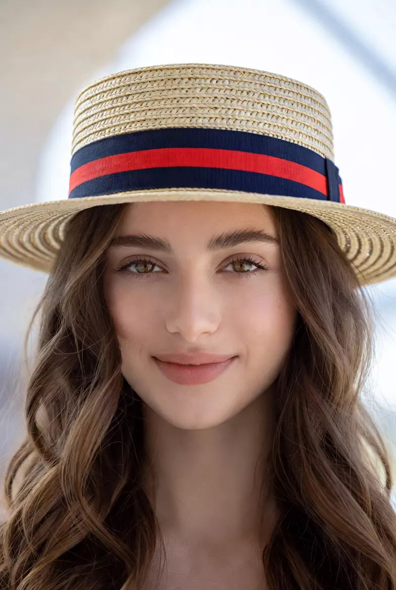 Beige with black Straw Boater Hat worn by model