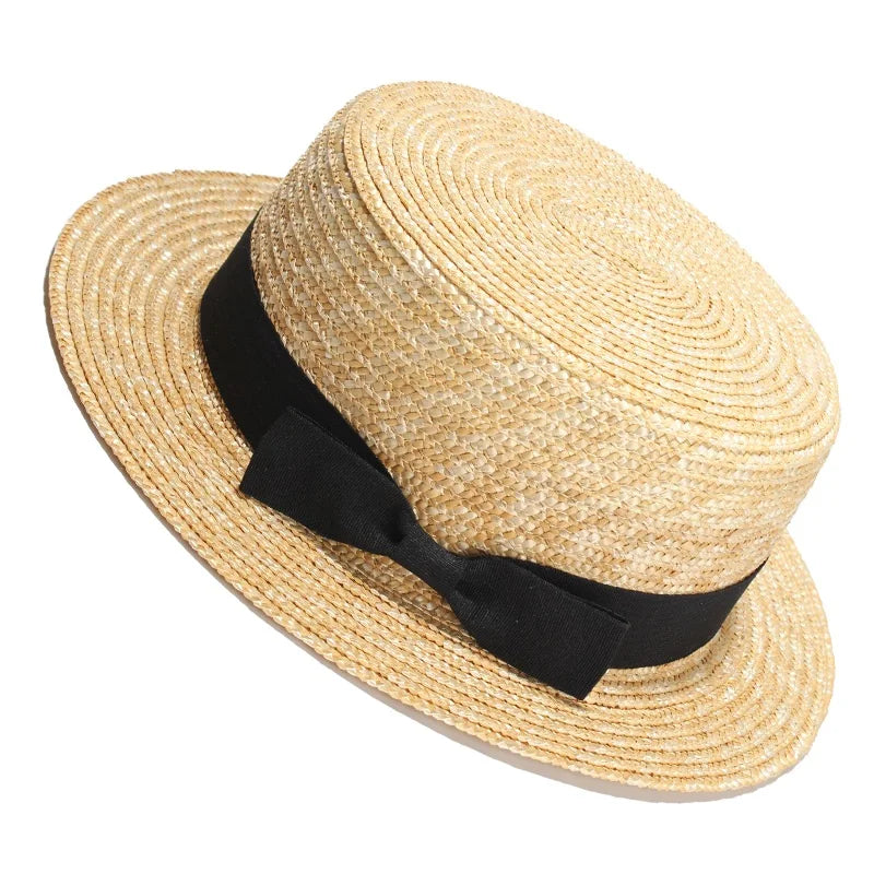 Beige with black Straw Boater Hat with ribbon
