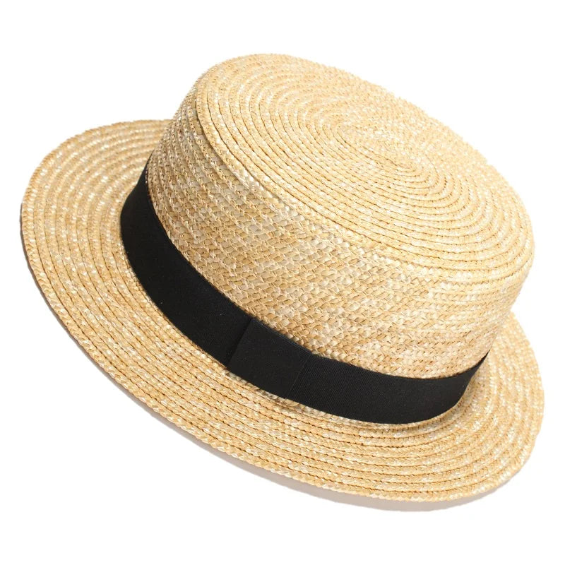 Beige with black Straw Boater Hat with stripe