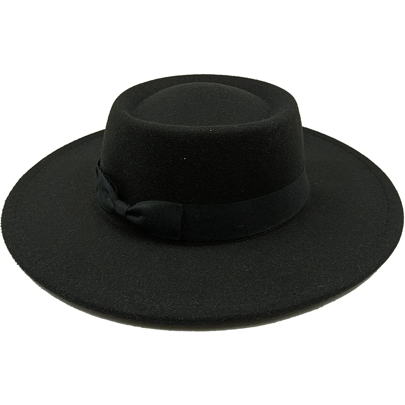 Black Boater Porkpie Hat with ribbon