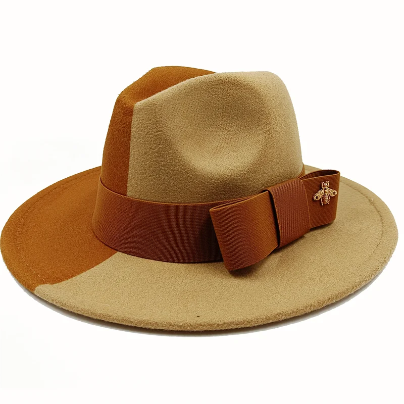 Beige and brown Boater Porkpie Hat with ribbon