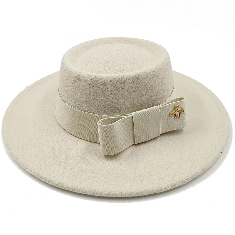 Beige Boater Porkpie Hat with ribbon