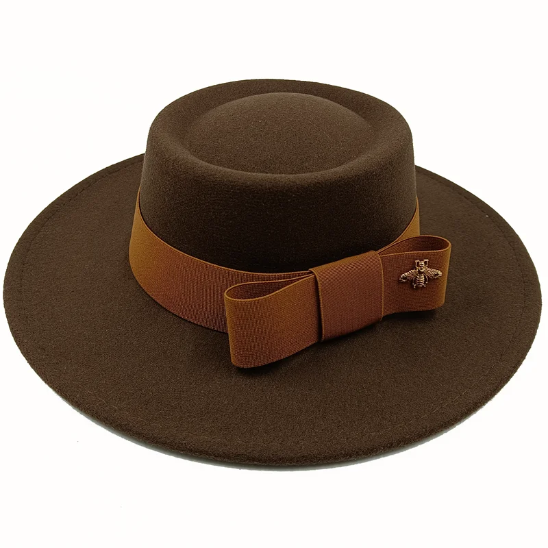 Coffee brown Boater Porkpie Hat with ribbon