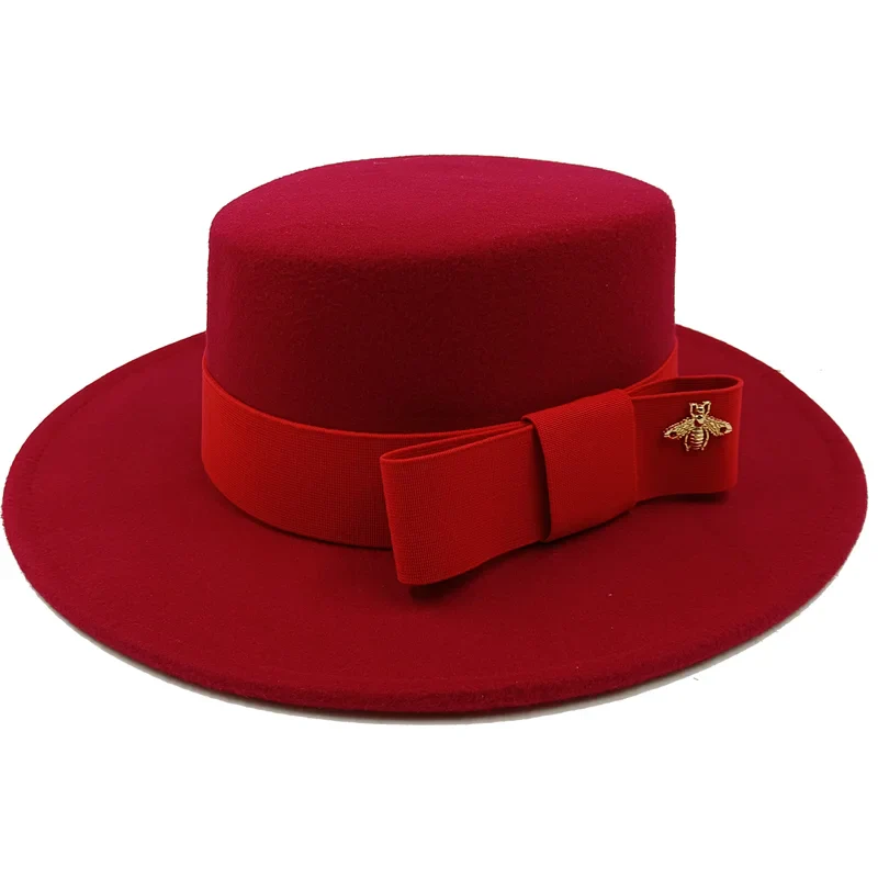 Red Boater Porkpie Hat with ribbon – straw porkpie style