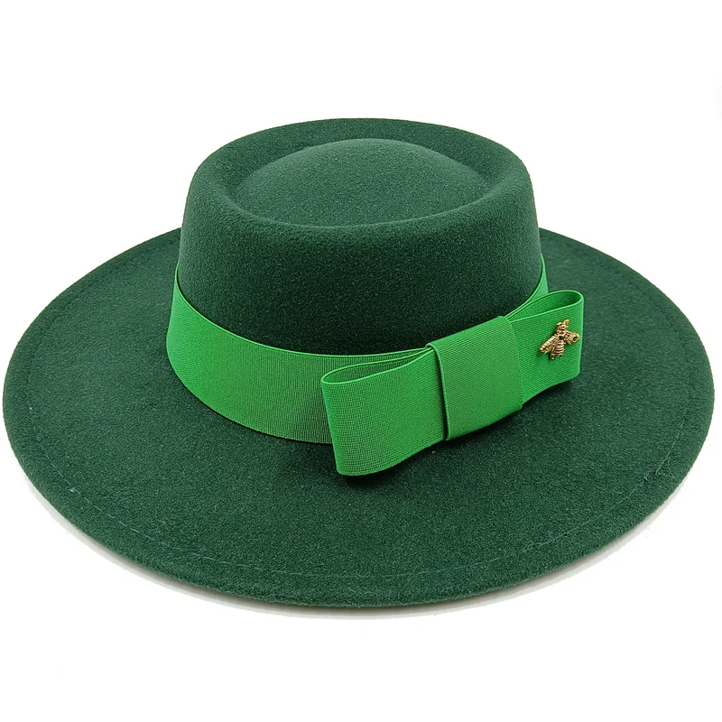 Green Boater Porkpie Hat with ribbon