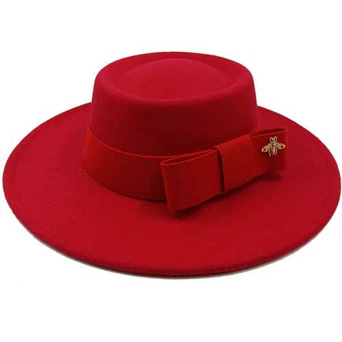 Red Boater Porkpie Hat with ribbon – stylish straw hat