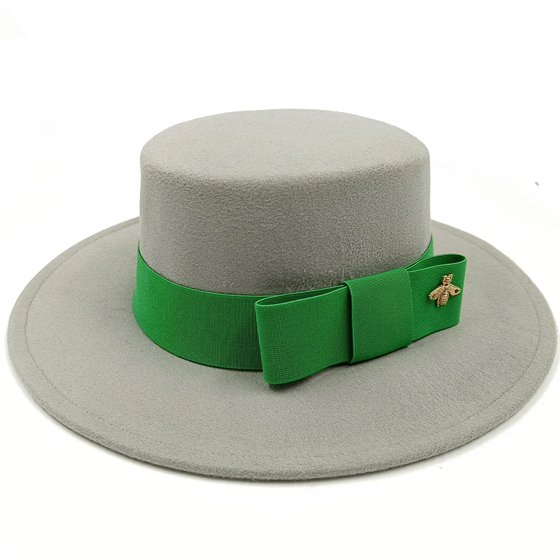 Green and gray Boater Porkpie Hat with ribbon