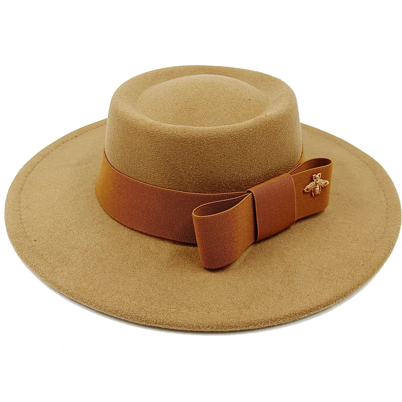 Khaki Boater Porkpie Hat with ribbon