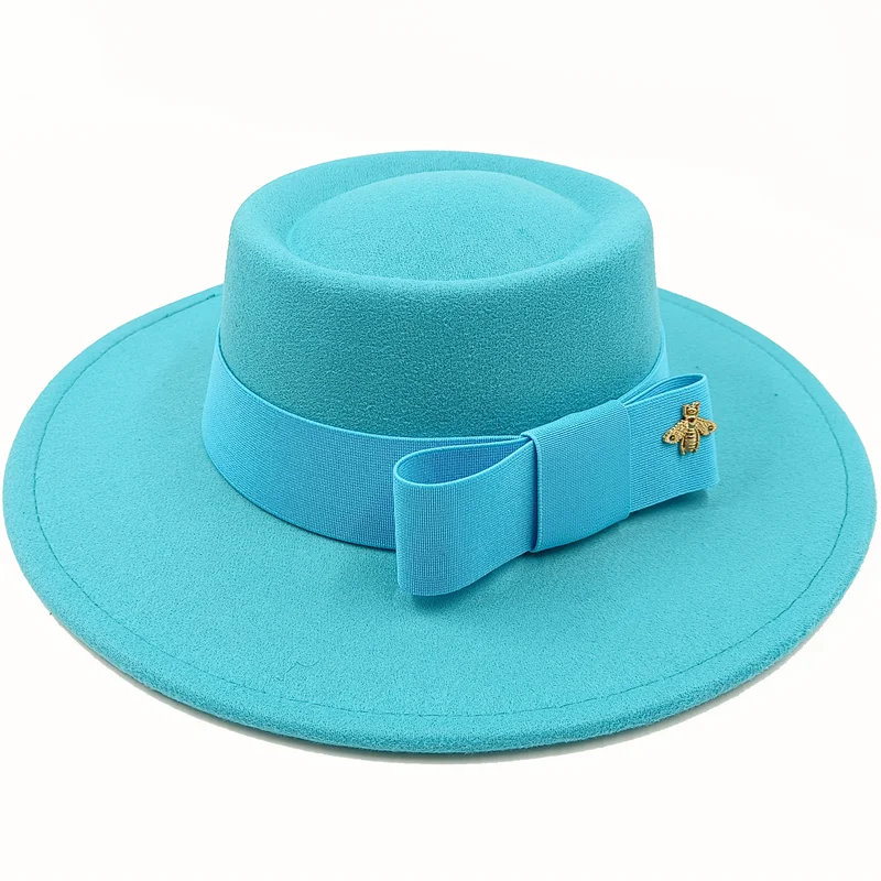 Blue Boater Porkpie Hat with ribbon