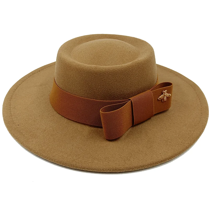 Coffee brown Boater Porkpie Hat with ribbon