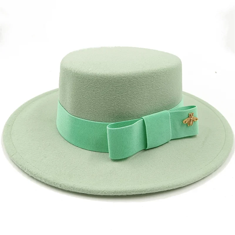 Green Boater Porkpie Hat with ribbon