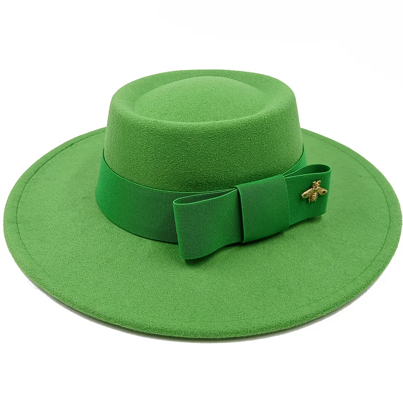 Green Boater Porkpie Hat with ribbon