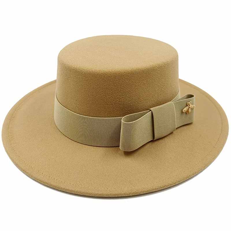 Khaki Boater Porkpie Hat with ribbon