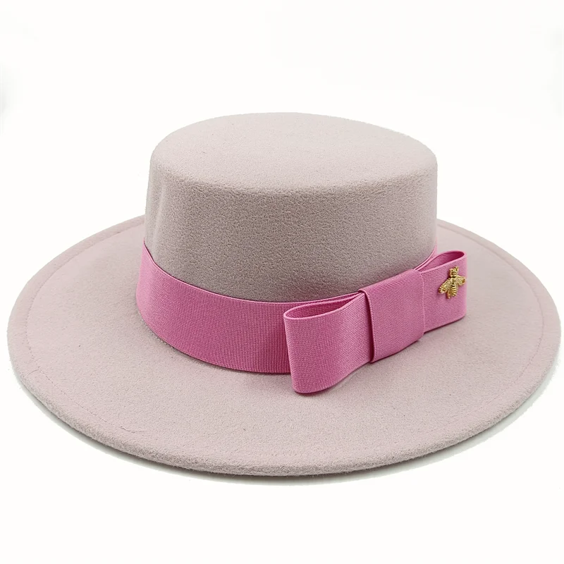 Pink Boater Porkpie Hat with ribbon